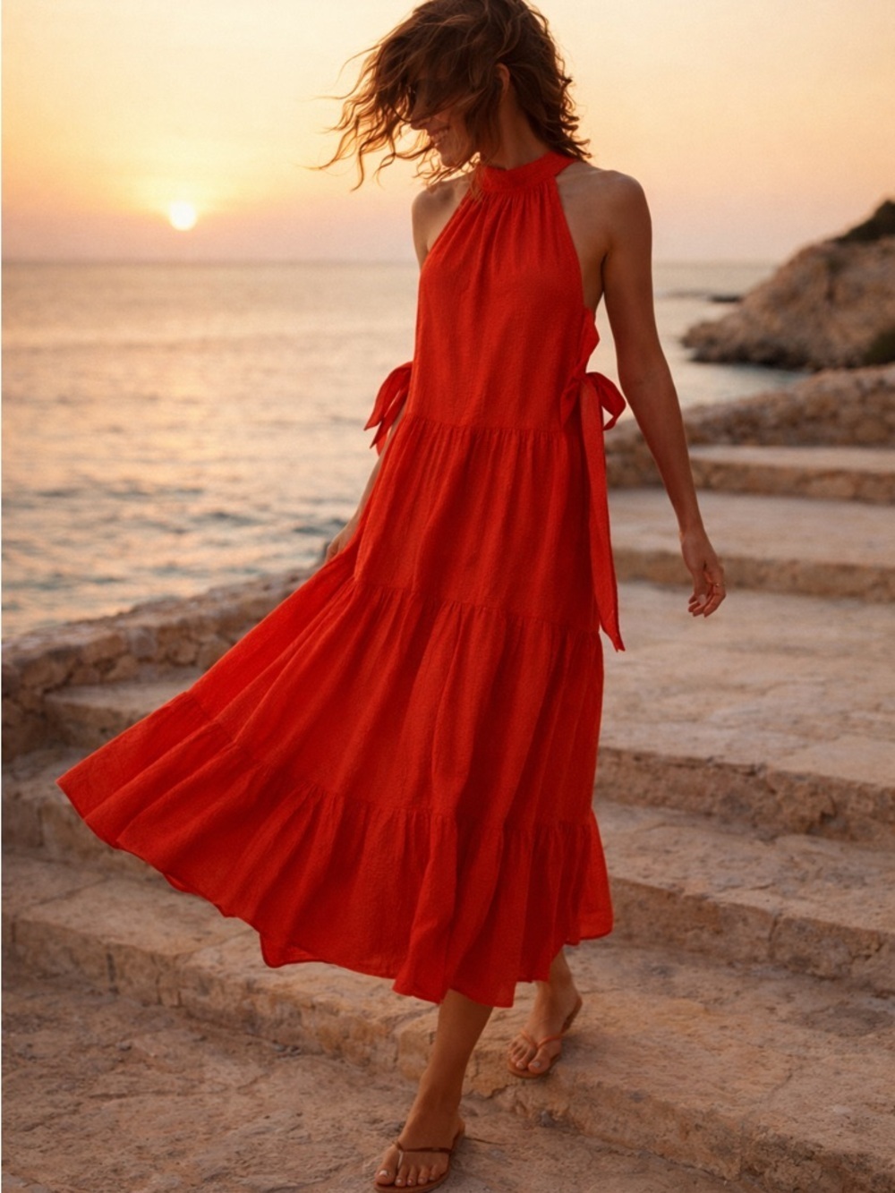 Marysia Molluscs Tie Cotton-Seersucker Midi Dress In Red Poppy New With Tags